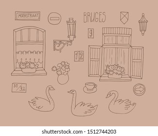 Set of hand drawn architectural details of Bruges town.
