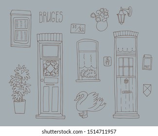 Set of hand drawn architectural details of Bruges town.