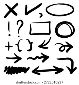 Conjunto de flecha dibujada a mano, Elementos de círculo. Doodle de negocios. Boceto dibujado a mano. 