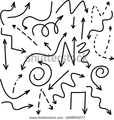 Set of Hand Drawn Arrow Designs on a White Background. Hand-drawn arrows in various styles and directions, showcasing creativity and dynamic movement. Perfect for design projects emphasizing 