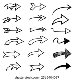 A set of Hand drawn arrow direction doodle with white background