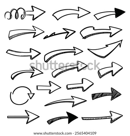 A set of Hand drawn arrow direction doodle with white background