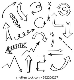 Set of hand drawn arrow doodle on white background.