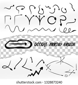 Set of hand drawn arrow doodles isolated on white and transparent. Arrow brush. Torn paper edge. Vector elements