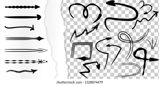 Set of hand drawn arrow doodles isolated on white and transparent. Arrow brush. Torn paper edge. Vector elements