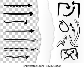 Set of hand drawn arrow doodles isolated on white and transparent. Arrow brush. Torn paper edge. Vector elements