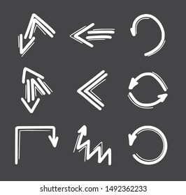 Set of hand drawn arrow icons. Arrows doodles design elements, vector illustration. Line art drawing retro style. Scribble vector.