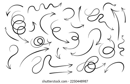 Set of hand drawn arrow icons of various shapes black and white drawing in a flat style.