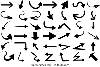 Set of hand drawn Arrow icons. Collection of black Arrows sign. Modern simple Arrow and Cursor vector collection.