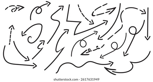set of hand drawn arrow icons in various shapes and styles on a white background