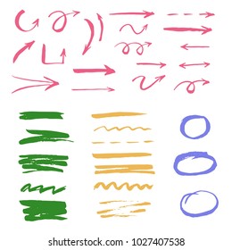 Set of hand drawn arrow, line, Ñ�ircle elements and grunge brushes. For your business doodle concept and hand drawn sketch style illustration. Signs isolated on white background. Vector illustration.