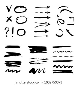 Set of hand drawn arrow, line, Ñ�ircle elements and grunge brushes. For your business doodle concept and hand drawn sketch style illustration. Signs isolated on white background. Vector illustration.