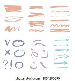 Set of hand drawn arrow, line, Ñ�ircle elements and grunge brushes. For your business doodle concept and hand drawn sketch style illustration. Signs isolated on white background. Vector illustration.