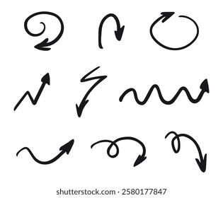 Set of hand drawn arrow line, circle, spiral vector design. Great for mobile app, web design, banner, etc