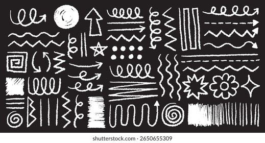Conjunto de tiza de línea de flecha dibujada a mano y elemento de Vector doodle de pincel