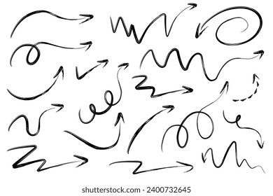 Set of hand drawn arrow mark icons vector isolated on white background.
