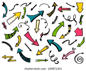 Set of hand drawn arrow shape element for abstract background design. Cartoon style line doodle arrow with different bend. Creative ink sketch of aim arrow. Vector illustration. 