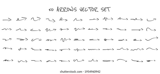  conjunto de flecha dibujada a mano. Esbozar el estilo del doodle. Conjunto de punteros.Vector de ilustración