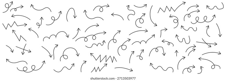 Set of hand drawn arrow vector icons. Simple lines hand drawn black arrows in various style. Set of simple of hand drawn black arrows. Black hand-drawn arrow signs or symbols. Black hand drawn arrow