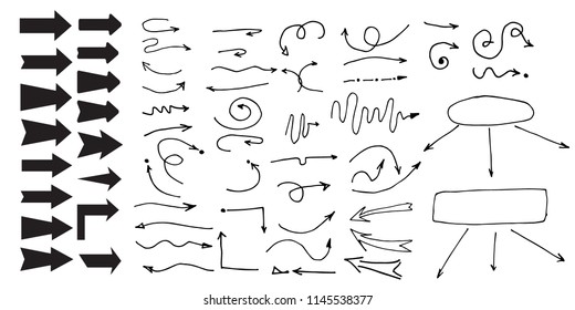 Set of hand drawn arrows black on white background, vector illustration