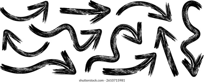 Set of hand drawn arrows. Hand drawn black arrow icons isolated. Curved drawn arrow vector icons set. Sketch arrow design. Vector illustration