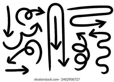 Set of hand drawn arrows. Brush, paint arrow icons. Doodle, cursor, cartoon, chalk lines. Isolated vector illustration