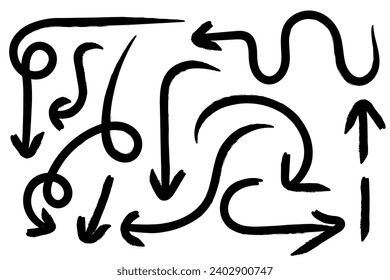 Set of hand drawn arrows. Brush, paint arrow icons. Doodle, cursor, cartoon, chalk lines. Isolated vector illustration