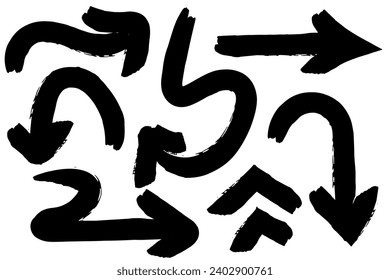 Set of hand drawn arrows. Brush, paint arrow icons. Doodle, cursor, cartoon, chalk lines. Isolated vector illustration
