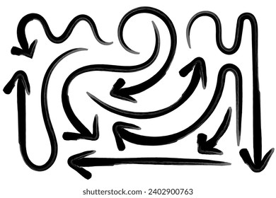 Set of hand drawn arrows. Brush, paint arrow icons. Doodle, cursor, cartoon, chalk lines. Isolated vector illustration