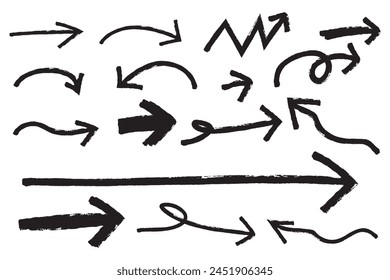 Set of hand drawn arrows, brush stroke curly arrow vector