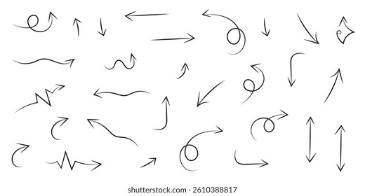Set of hand drawn arrows. Brush drawing. Minimalistic collection on white background.