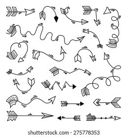 Set of hand drawn arrows in cartoon style. Design elements for cards, patterns and illustration.