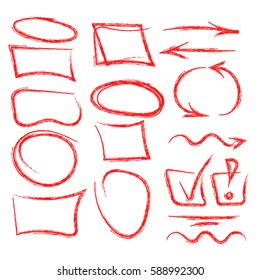 set of hand drawn arrows, circle and squares for highlighting text.