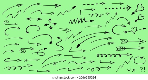 Set of hand drawn arrows curved. Sketch doodle style vector. Collection of pointers.