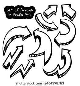 set of hand drawn arrows in curved shapes and straight directions in simple 3d shapes for poster design templates