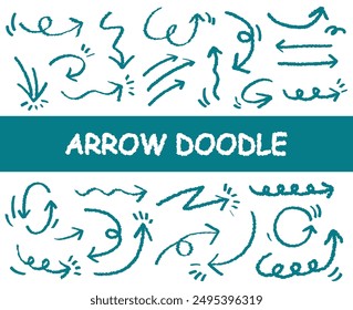 Set of hand drawn arrows with curvy lines. Chalked arrows and frames. Hand drawn black charcoal symbols for hand drawn diagrams. Freehand different curved arrows, swirls, crosses, circles. Hand drawn 