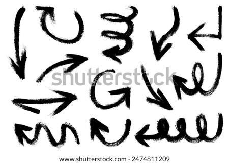 Set of hand drawn arrows with curvy lines. Colorful dry brush strokes with grunge. Hand drawn isolated wavy pointers. 