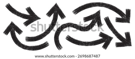 Set of hand drawn arrows. Curvy, wavy arrows. Hand drawn brush arrow set with crayon texture - curved and straight. Bold brush drawn arrows. marker drawn bold arrows set. Doodle arrow icon set. 