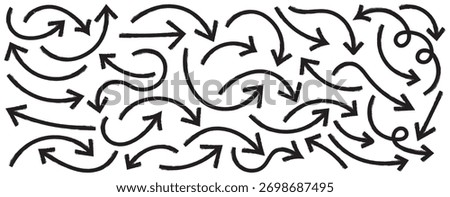 Set of hand drawn arrows. Curvy, wavy arrows. Hand drawn brush arrow set with crayon texture - curved and straight. Bold brush drawn arrows. marker drawn bold arrows set. Doodle arrow icon set. 