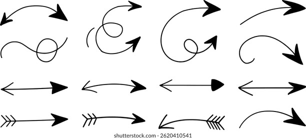 Set of hand drawn arrows different styles pointing directions