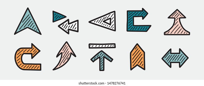 Set of hand drawn arrows. Direction, navigation, download, location, pointer and other concepts vector icons