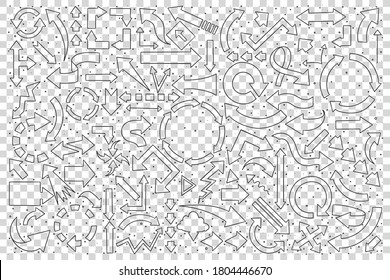 Set of hand drawn arrows. Doodle curved scattered sketches templates pointer lines direction arrowhead on transparent background. Round or twisted navigation symbol illustration.