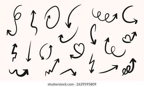 Set of hand drawn arrows. Doodle arrows. Isolated vector illustration.
