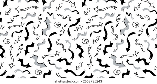 Conjunto de flechas dibujadas a mano en estilo doodle. Patrón sin fisuras. Vector repitiendo el fondo.