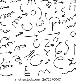 Set of hand drawn arrows and doodle lines in sketch style, featuring curved, straight, and spiral arrow elements for creative design use.