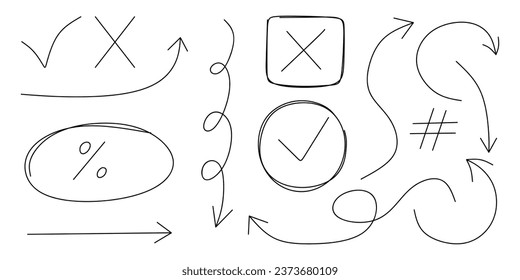 Set of hand drawn arrows and frames. Sketch of Freehand different curved arrows, frames, crosses isolated on white background. Vector drawing of graphic elements in doodle style. Vector illustration 