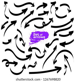 Set of hand drawn arrows. Grunge sketch handmade doodle arrow. Vector illustration. Isolated on white background.