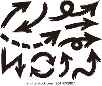 Set of hand drawn arrows. Grunge, graffiti and brush style arrows. Vector icons. Different types of cursors.