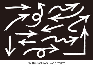 Set of hand drawn arrows. Grunge, graffiti and brush style arrows. Vector icons. Different types of cursors.