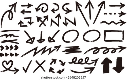 Conjunto de flechas dibujadas a mano. Grunge, graffiti y flechas estilo pincel. Iconos del vector. Diferentes tipos de cursores.